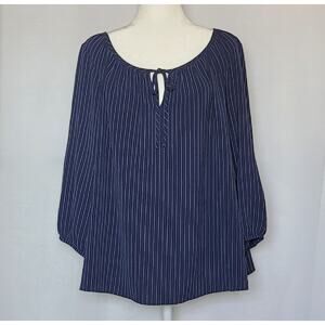 NYCC Womens Navy Blue Pinstripe Tie Neck 3/4 Sleeve Top Peasant Blouse Sz: 2XL